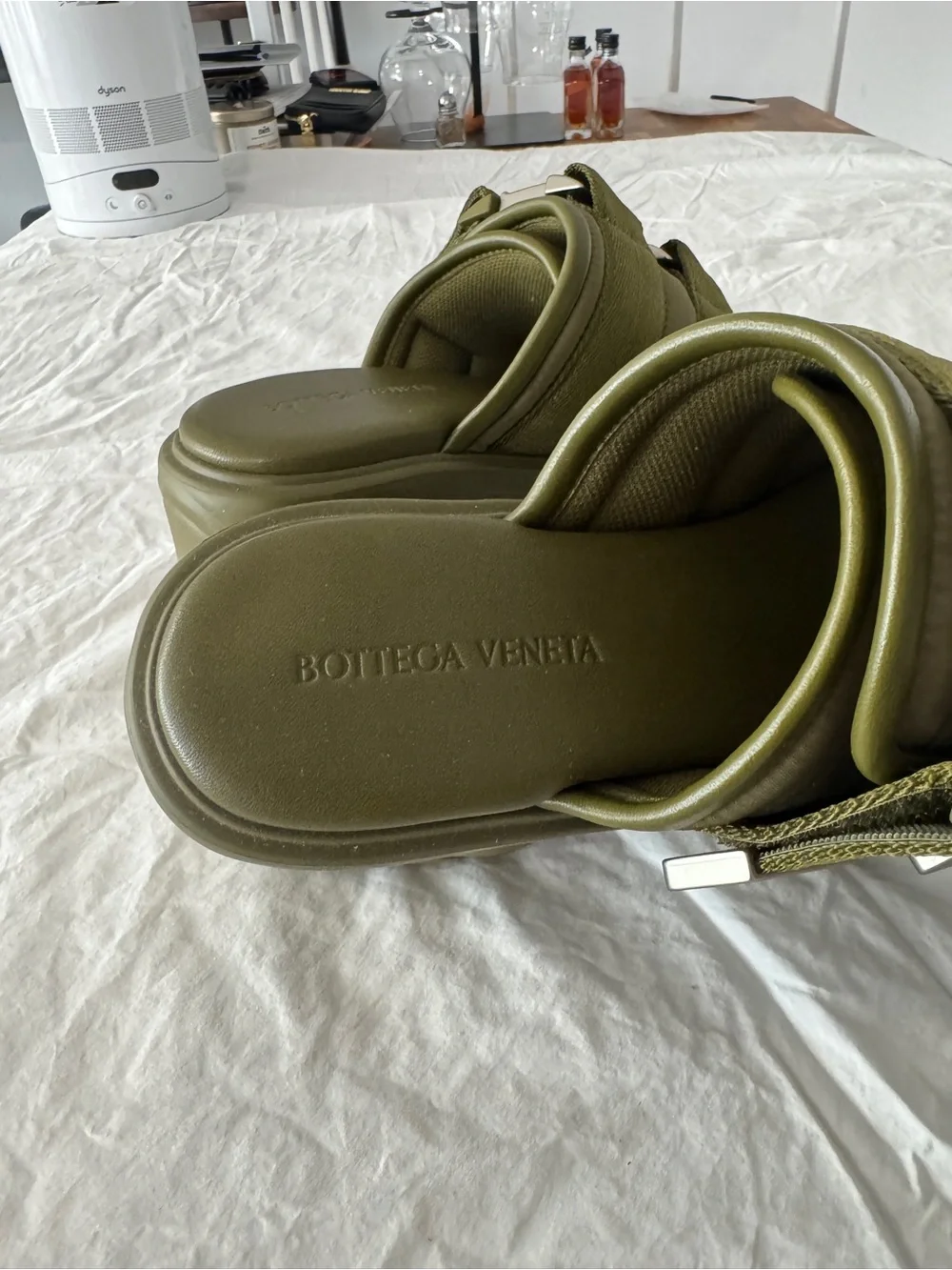 Bottega Veneta Olive Green Chunky Platform Buckle Slide Mules - Picture 4 of 5